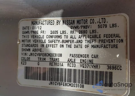 2012 Infiniti G37 z USA, uszkodzony, nr VIN JN1CV6FE8CM203108